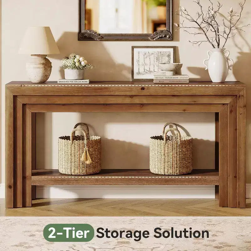 Lantine 63-Inch Solid Wood Console Table, 2-Tier Entryway Table with Storage Shelf, Farmhouse Behind Couch Table for Living Room, Hallway