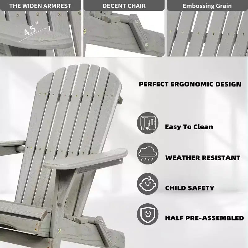 Folding Cedar Wood Adirondack Chairs, Embossed Wood Grain Outdoor Patio Lounge Seating for Garden