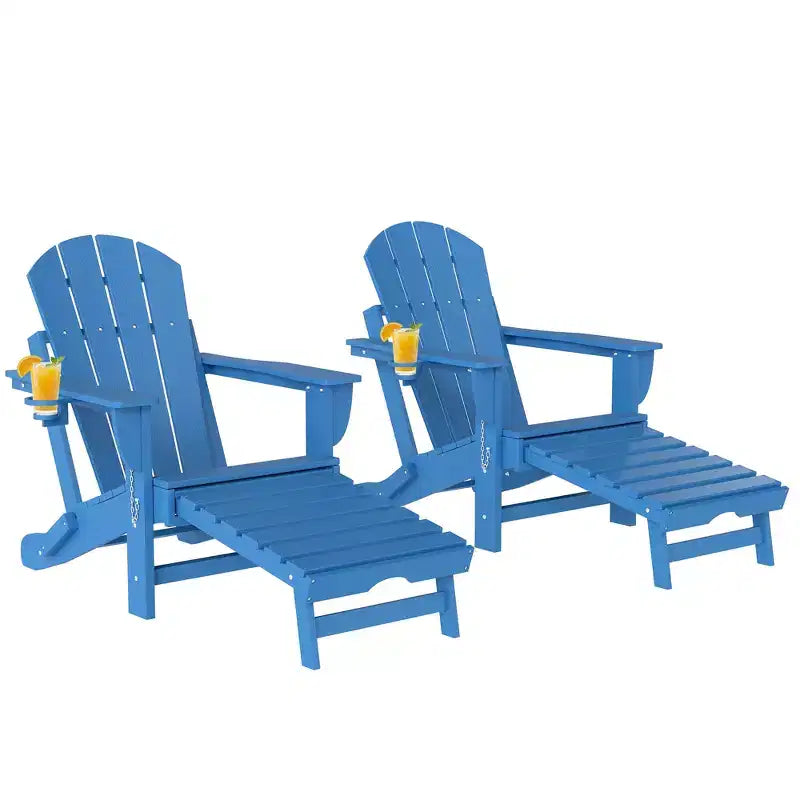 Outsunny Folding Adirondack Chair Set of 2, HDPE Fire Pit Chair with Retractable Ottoman, Cup Holder and Large Seat for Deck, Garden, Backyard