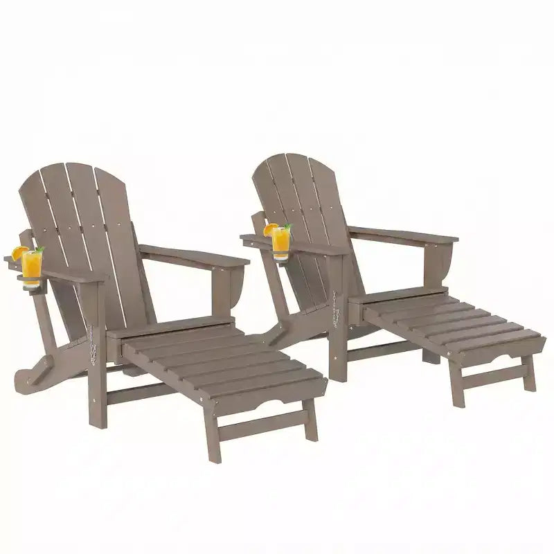 Outsunny Folding Adirondack Chair Set of 2, HDPE Fire Pit Chair with Retractable Ottoman, Cup Holder and Large Seat for Deck, Garden, Backyard