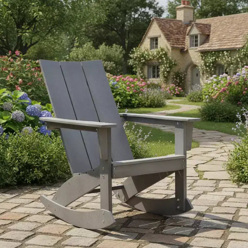 Chaise à bascule Gymax Adirondack avec accoudoirs arrondis, en PEHD, pour porche, supporte jusqu'à 150 kg, grise