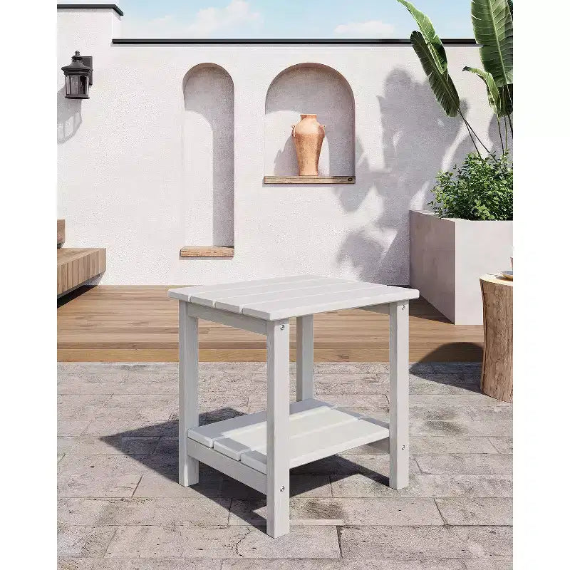 18 Outdoor Adirondack Side Table, 2-Tier HDPE Weather Resistant, Square End Table for Patio Poolside Porch Deck