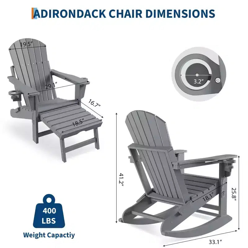 4-in-1 Folding HDPE Adirondack Chairs Set of 4, Retractable Ottoman & Removable Rocking Base, 400lbs Capacity Grey