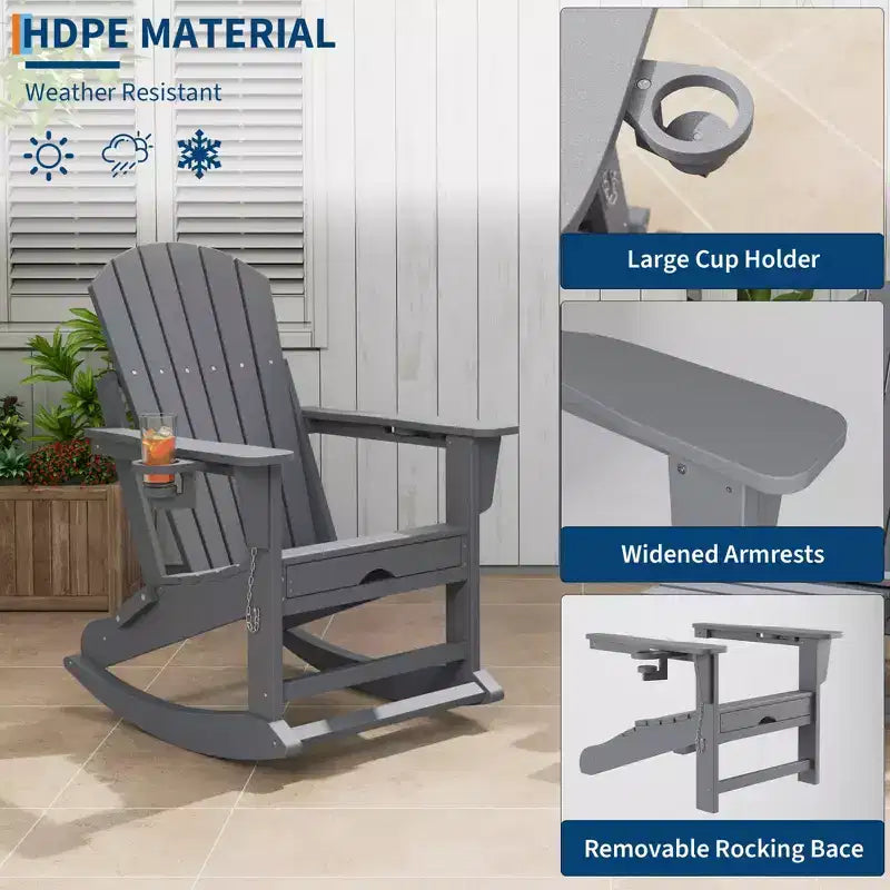 4-in-1 Folding HDPE Adirondack Chairs Set of 4, Retractable Ottoman & Removable Rocking Base, 400lbs Capacity Grey