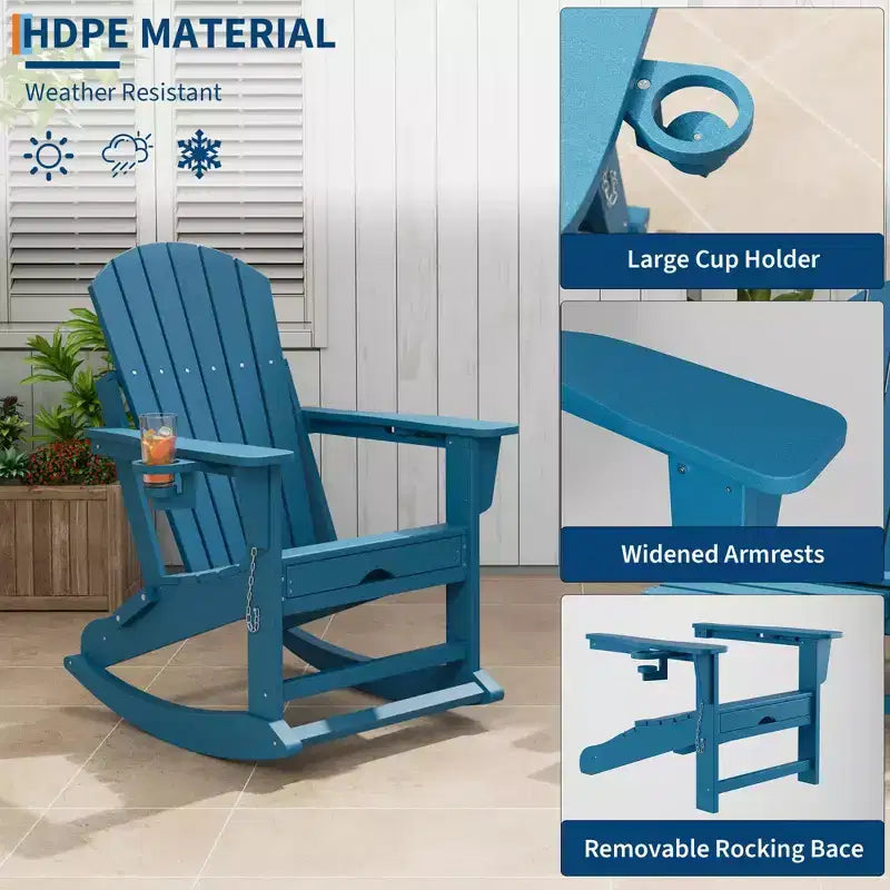 Fauteuil à bascule Adirondack 4-en-1 en PEHD avec repose-pieds rétractable, fauteuil à bascule pliant en plastique avec porte-gobelets, siège de patio toutes saisons pour piscine