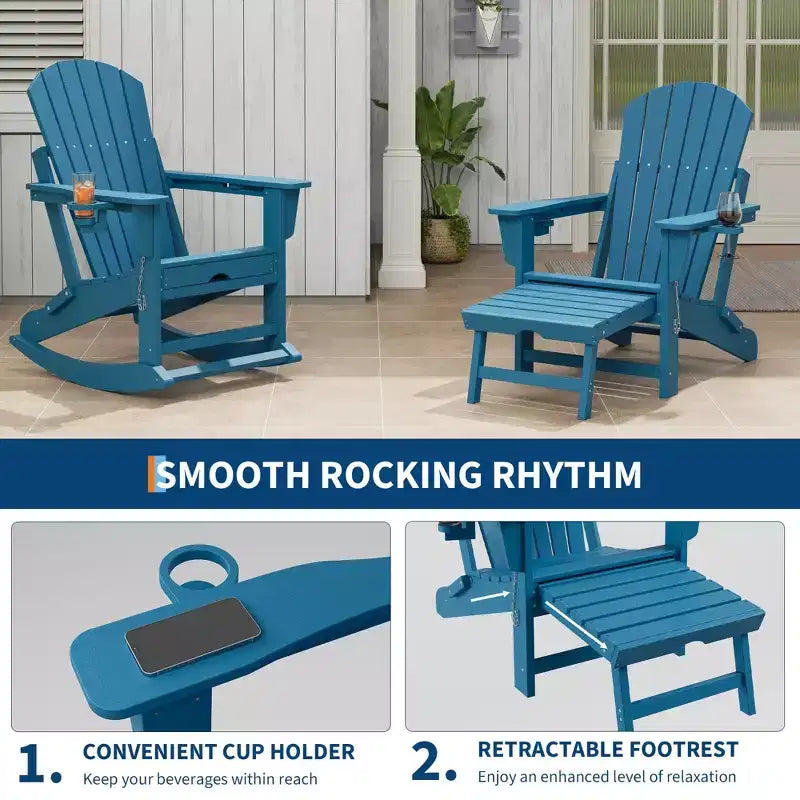 Fauteuil à bascule Adirondack 4-en-1 en PEHD avec repose-pieds rétractable, fauteuil à bascule pliant en plastique avec porte-gobelets, siège de patio toutes saisons pour piscine