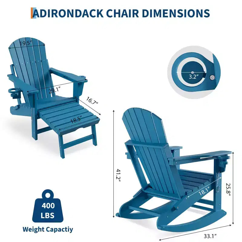 Fauteuil à bascule Adirondack 4-en-1 en PEHD avec repose-pieds rétractable, fauteuil à bascule pliant en plastique avec porte-gobelets, siège de patio toutes saisons pour piscine