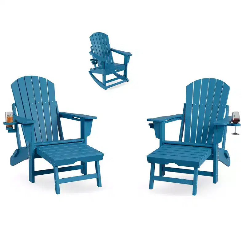 HDPE 4-in-1 Adirondack Rocking Chair with Retractable Ottoman,Folding Outdoor Plastic Rocker with Cup Holders,All-Weather Patio Seating for Poolside