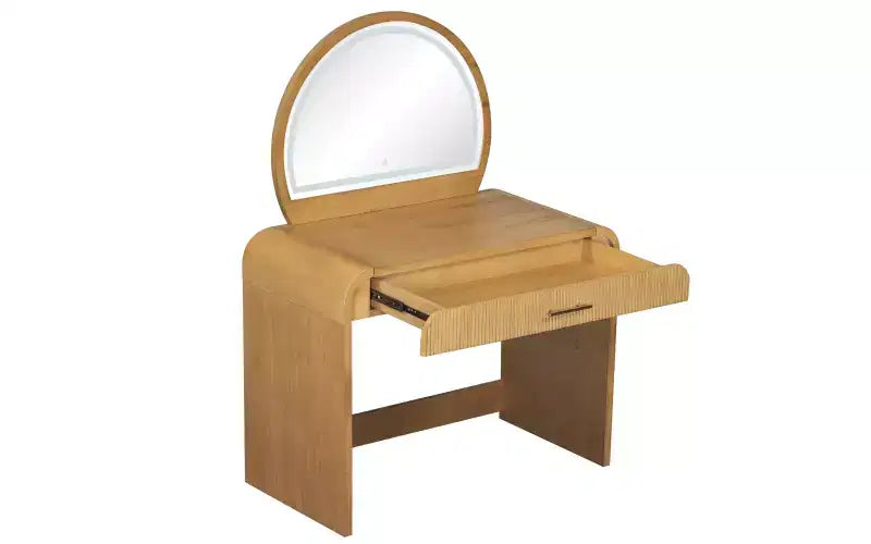 39-Inch Elegant Corner Makeup Vanity Desk with Lighted Mirror, Organized Storage for Bedroom, Natural Finish, Dimmable Lighting