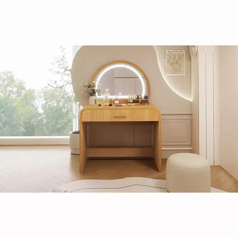 39-Inch Elegant Corner Makeup Vanity Desk with Lighted Mirror, Organized Storage for Bedroom, Natural Finish, Dimmable Lighting