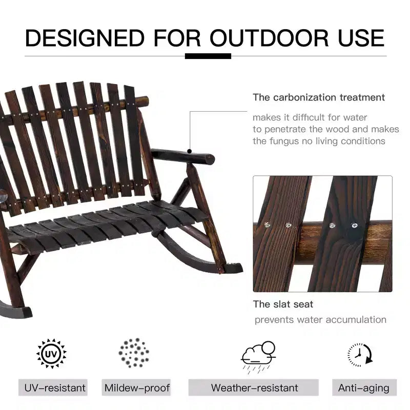 2 Person Wooden Adirondack Rocking Chair Indoor Outdoor Porch Rocker with Slatted High Back for Backyard Garden Patio