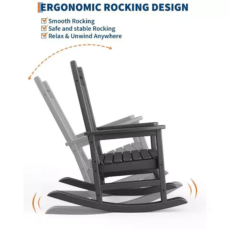 All-Weather HDPE Poly Lumber Adirondack Rocking Chairs Set of 4, High Back Patio Porch Rockers, Low Maintenance, Black