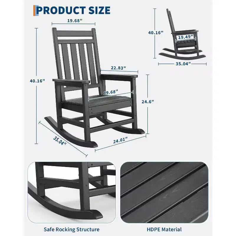 All-Weather HDPE Poly Lumber Adirondack Rocking Chairs Set of 4, High Back Patio Porch Rockers, Low Maintenance, Black