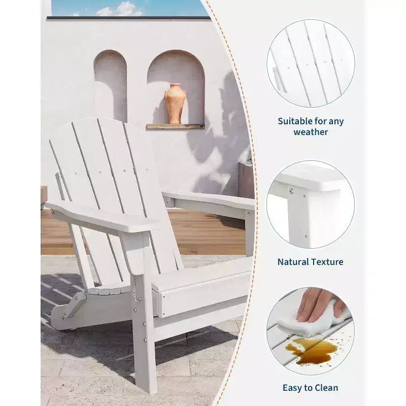 Folding Adirondack Chairs Set of 2 with Side Table, HDPE Plastic Wood Texture, 380LBS, Weather Resistant for Patio Pool