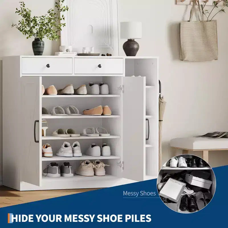 Shoe Storage Cabinet, 5-Tier Farmhouse Shoe Cabinet with 2 Barn Doors & 4 Cubbies, Entryway Organizer for Hallway, Foyer, Rustic