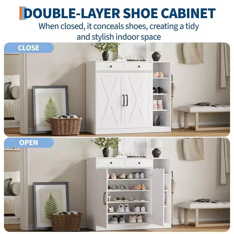 Shoe Storage Cabinet, 5-Tier Farmhouse Shoe Cabinet with 2 Barn Doors & 4 Cubbies, Entryway Organizer for Hallway, Foyer, Rustic