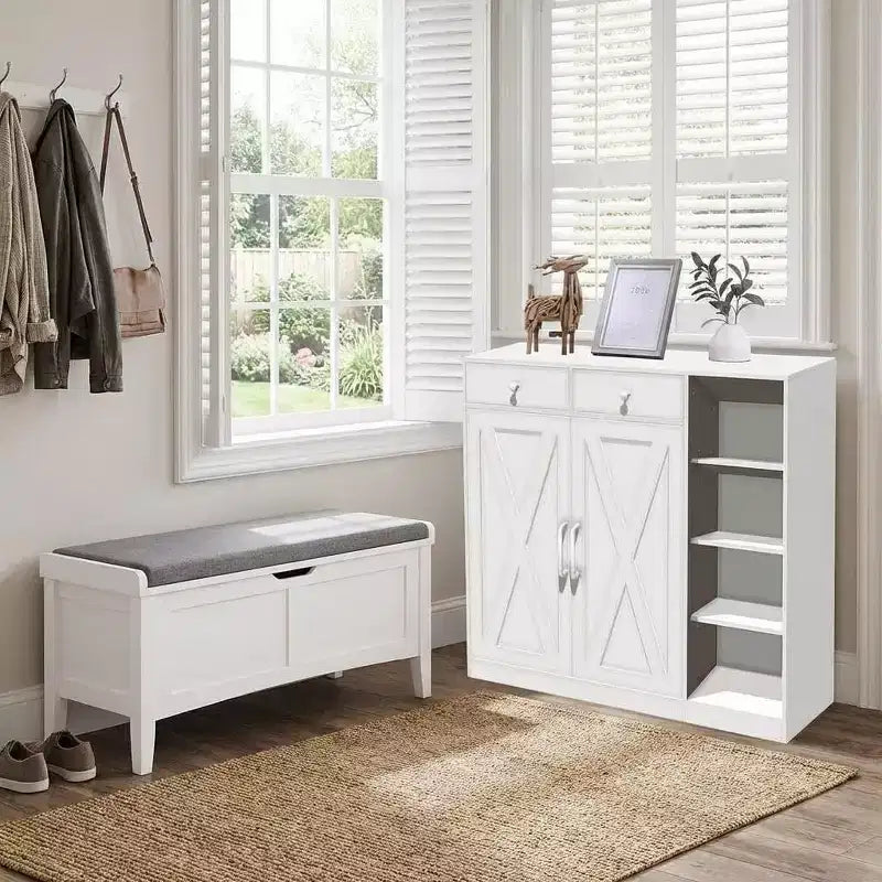 Shoe Storage Cabinet, 5-Tier Farmhouse Shoe Cabinet with 2 Barn Doors & 4 Cubbies, Entryway Organizer for Hallway, Foyer, Rustic