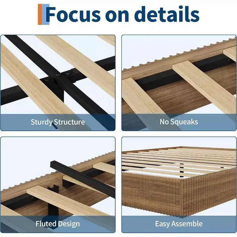 Wooden Platform Bed Frame with Fluted Design, Integrated Storage Box, No Box Spring Needed, Noise Free