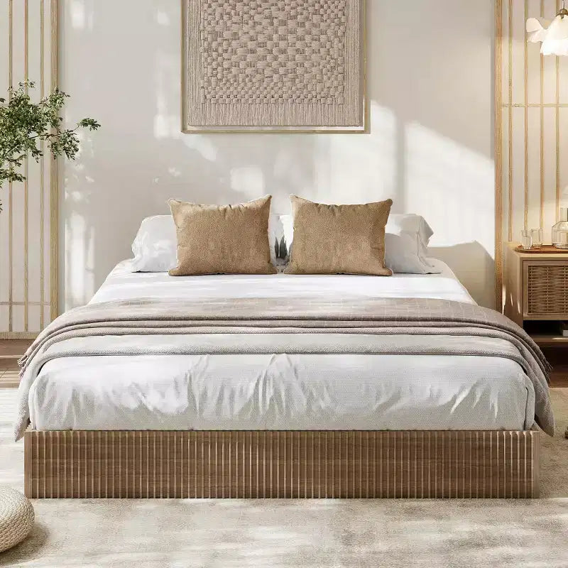 Wooden Platform Bed Frame with Fluted Design, Integrated Storage Box, No Box Spring Needed, Noise Free
