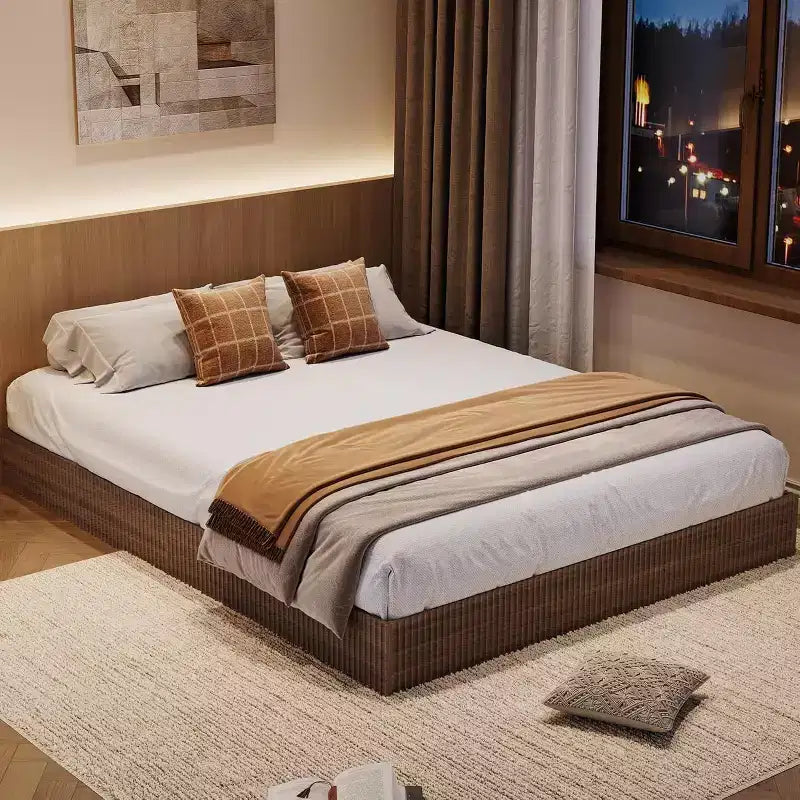 Wooden Platform Bed Frame with Fluted Design, Integrated Storage Box, No Box Spring Needed, Noise Free
