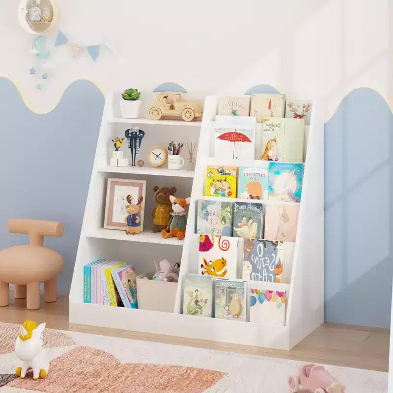 JVNOXK 4-Tier Wooden Kids Bookshelf with Toy Storage Organizer, Multifunctional Children Bookcase Display Shelf for Kids Room