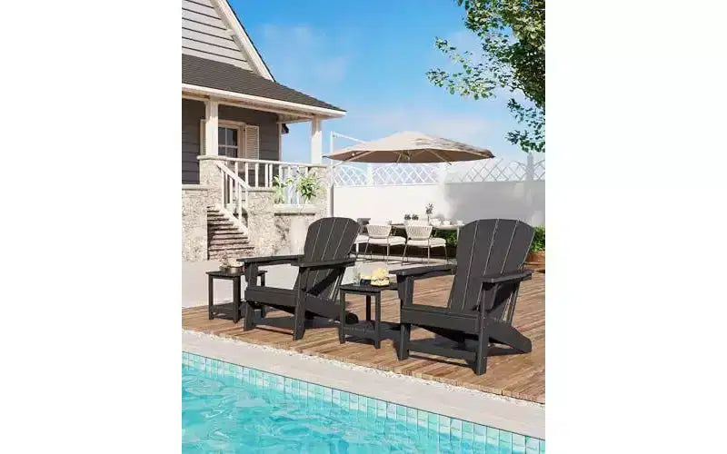 Set of 2 HDPE Adirondack Patio Chairs  380 lbs Capacity, Weather Resistant, Wood Grain Texture, Wide Armrests, Slatted Back