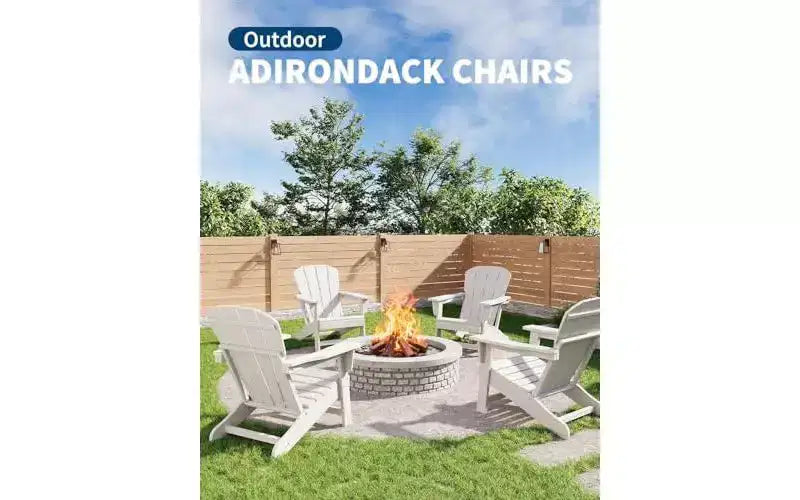 Set of 2 HDPE Adirondack Patio Chairs  380 lbs Capacity, Weather Resistant, Wood Grain Texture, Wide Armrests, Slatted Back