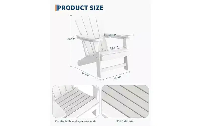 Set of 2 HDPE Adirondack Patio Chairs  380 lbs Capacity, Weather Resistant, Wood Grain Texture, Wide Armrests, Slatted Back