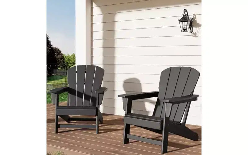 Set of 2 HDPE Adirondack Patio Chairs  380 lbs Capacity, Weather Resistant, Wood Grain Texture, Wide Armrests, Slatted Back