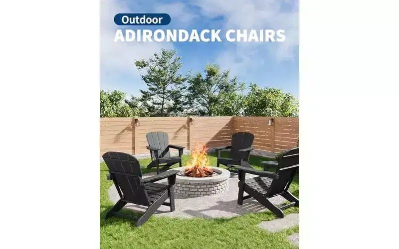 Set of 2 HDPE Adirondack Patio Chairs  380 lbs Capacity, Weather Resistant, Wood Grain Texture, Wide Armrests, Slatted Back