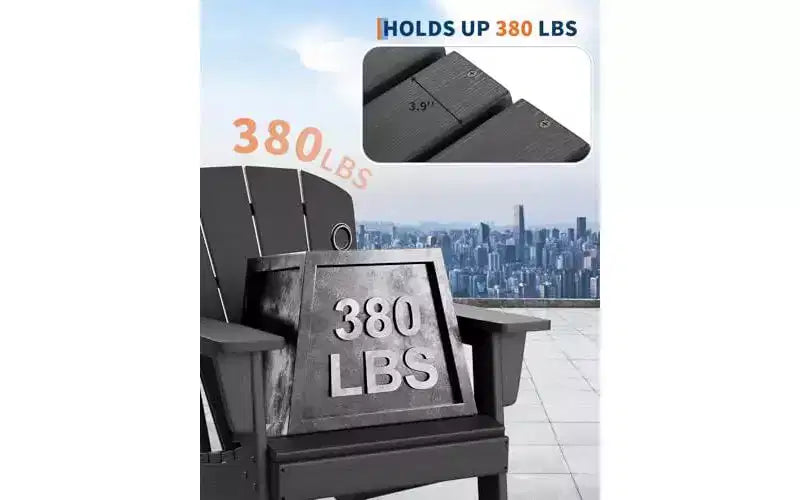 Set of 2 HDPE Adirondack Patio Chairs  380 lbs Capacity, Weather Resistant, Wood Grain Texture, Wide Armrests, Slatted Back