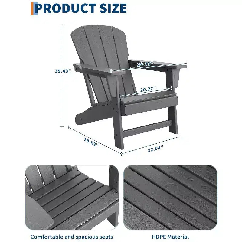 Set of 2 HDPE Adirondack Patio Chairs  380 lbs Capacity, Weather Resistant, Wood Grain Texture, Wide Armrests, Slatted Back