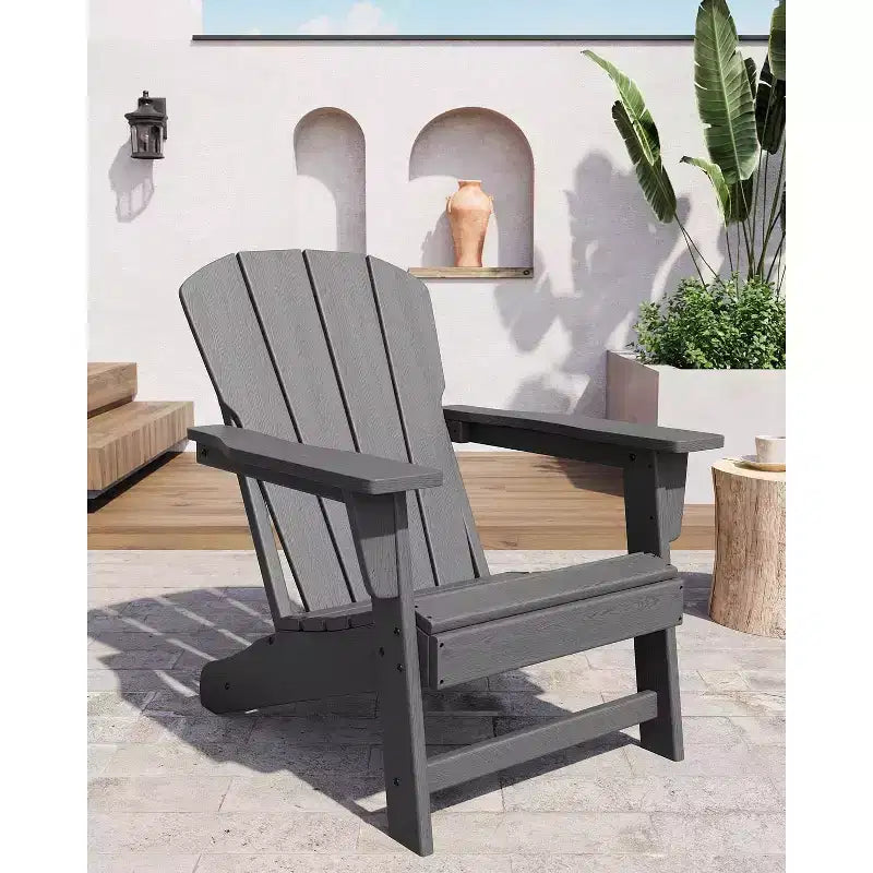 Set of 2 HDPE Adirondack Patio Chairs  380 lbs Capacity, Weather Resistant, Wood Grain Texture, Wide Armrests, Slatted Back