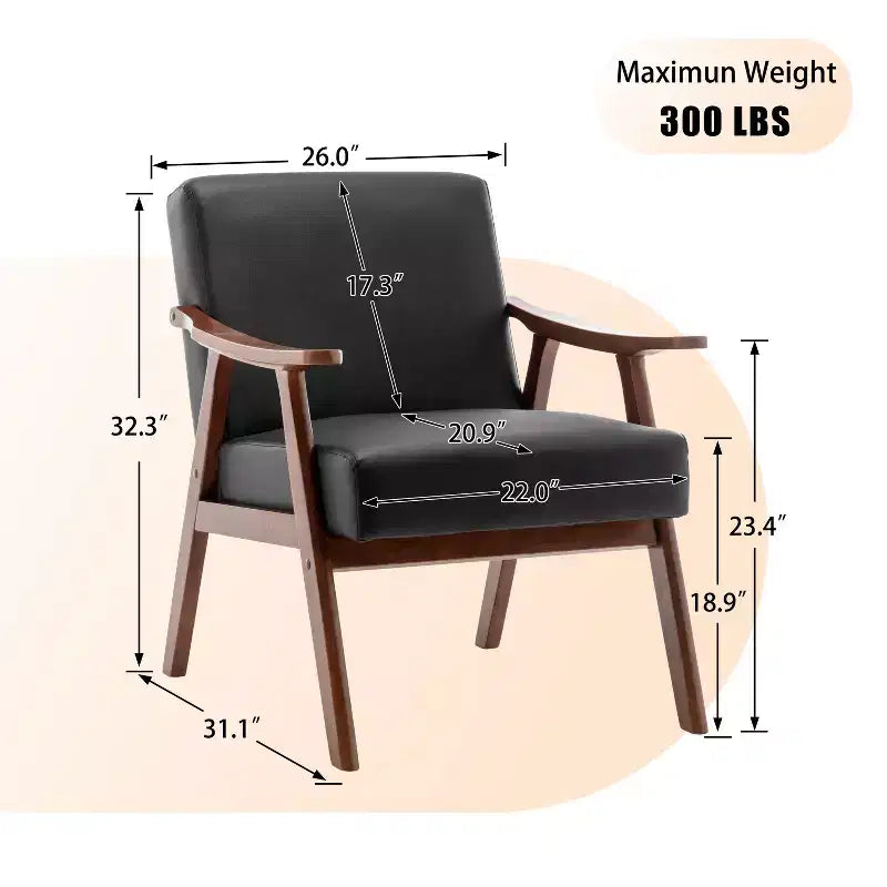 Mid-Century Accent Chair, Solid Wood Lounge Chair with Extra-Thick Backrest, Wingback Chairs