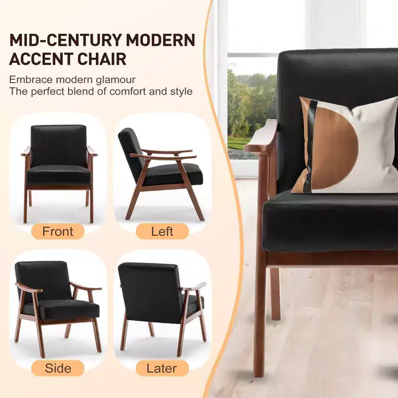 Mid-Century Accent Chair, Solid Wood Lounge Chair with Extra-Thick Backrest, Wingback Chairs