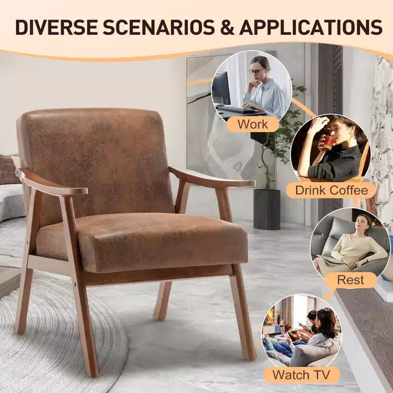 Mid-Century Accent Chair, Solid Wood Lounge Chair with Extra-Thick Backrest, Wingback Chairs