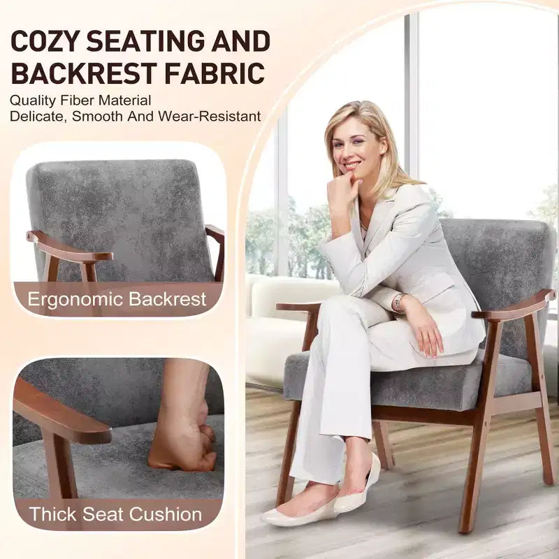 Mid-Century Accent Chair, Solid Wood Lounge Chair with Extra-Thick Backrest, Wingback Chairs