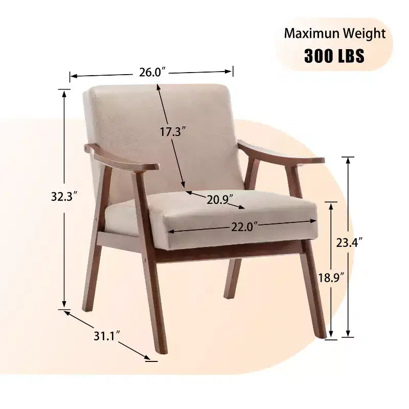 Mid-Century Accent Chair, Solid Wood Lounge Chair with Extra-Thick Backrest, Wingback Chairs