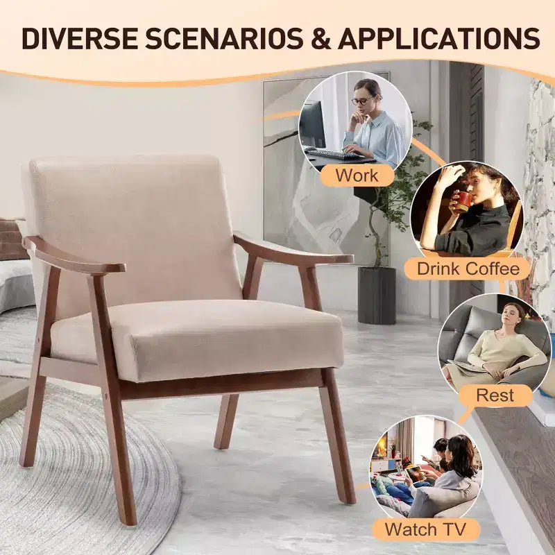Mid-Century Accent Chair, Solid Wood Lounge Chair with Extra-Thick Backrest, Wingback Chairs
