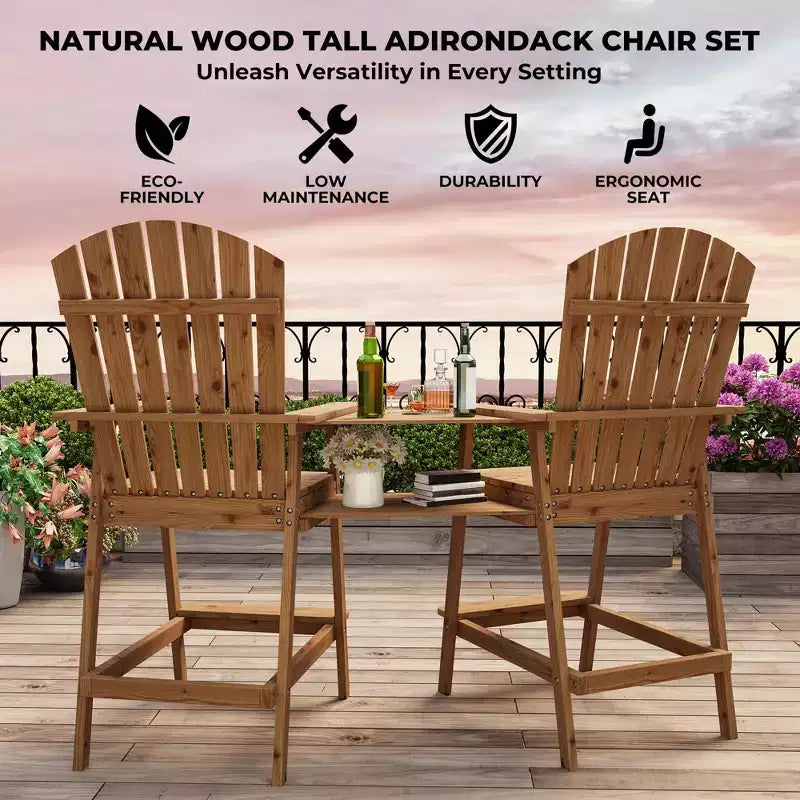 Tall Adirondack Chair Set of 2, Wood Bar Height Adirondack Chairs with Connecting Tray & Umbrella Hole, Double Balcony Chairs for Balcony, Deck