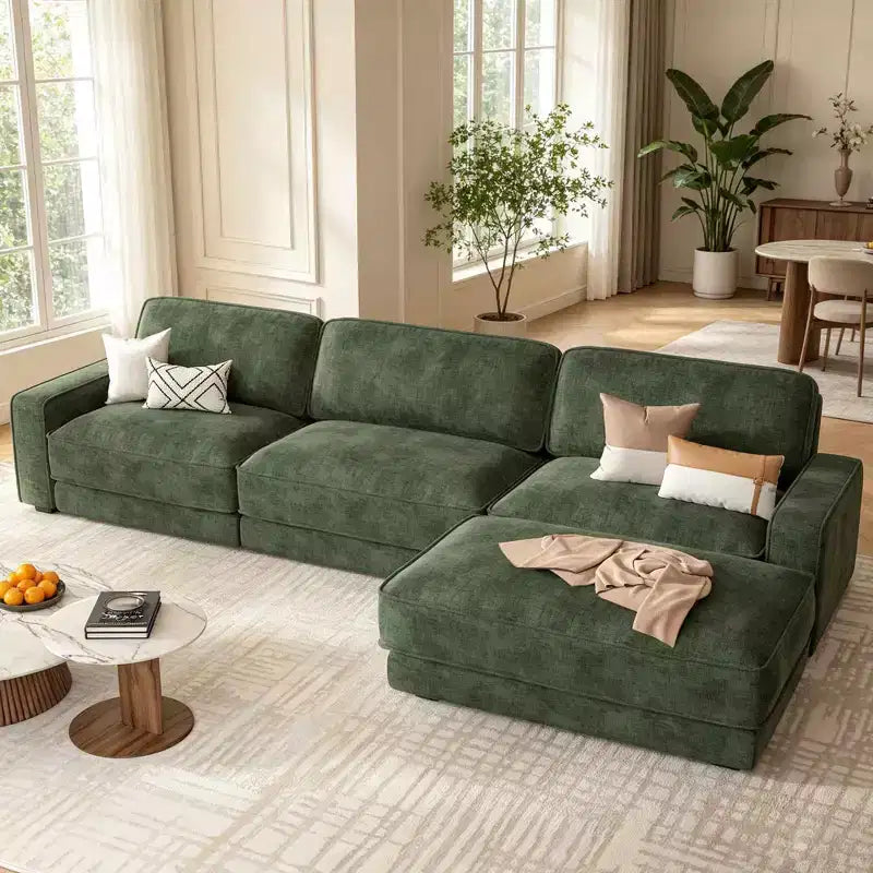 Dyonery 119 L Shaped Couch Modular Sectional Sleeper Sofa, CHENILLE Fabric, Modern Oversized Sectional Couch with Deep Seat, Tool-Free Assembly,Green