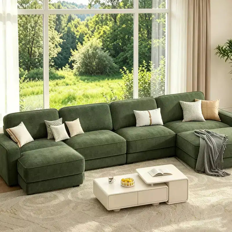 Dyonery 119 L Shaped Couch Modular Sectional Sleeper Sofa, CHENILLE Fabric, Modern Oversized Sectional Couch with Deep Seat, Tool-Free Assembly,Green