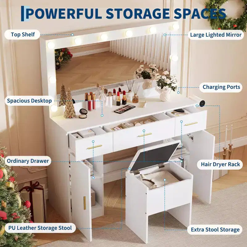 Vanity Set with Mirror, Makeup Desk with Drawers and Storage Stool, White Dressing Table for Bedroom Apartment