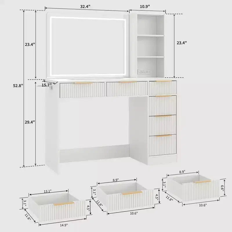 Large Fluted Vanity Desk w/ Lighted Mirror, Modern Makeup Vanity Table w/ 6 Storage Drawers & Hair Dryer Holder for Women Bedroom Dressing