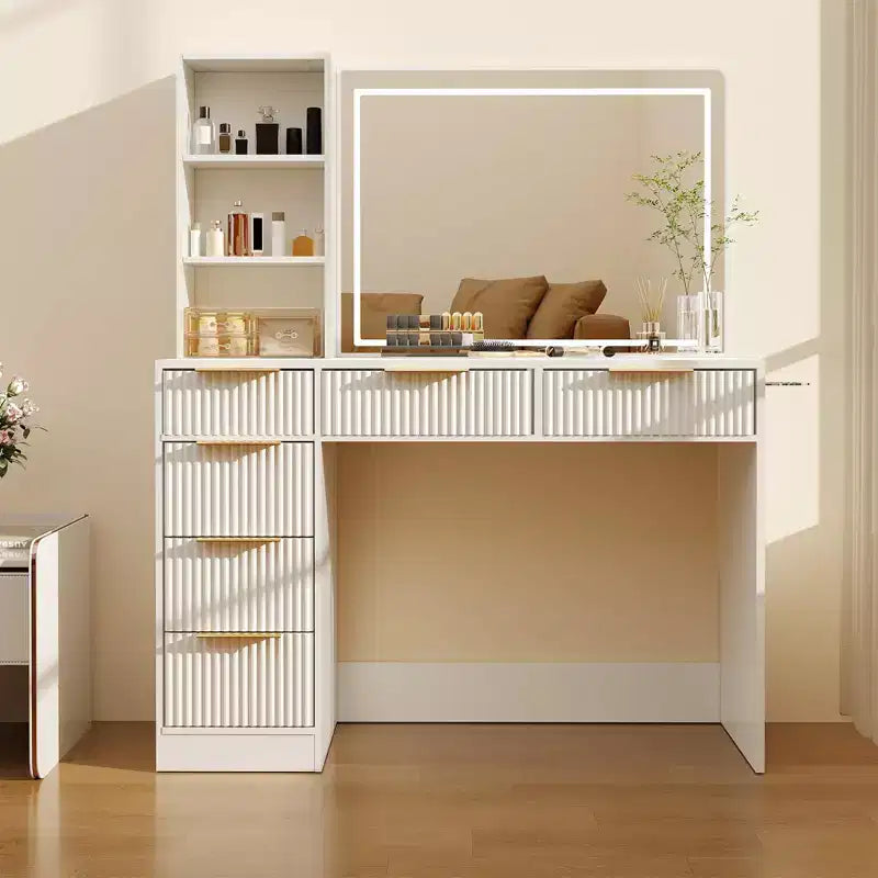 Large Fluted Vanity Desk w/ Lighted Mirror, Modern Makeup Vanity Table w/ 6 Storage Drawers & Hair Dryer Holder for Women Bedroom Dressing