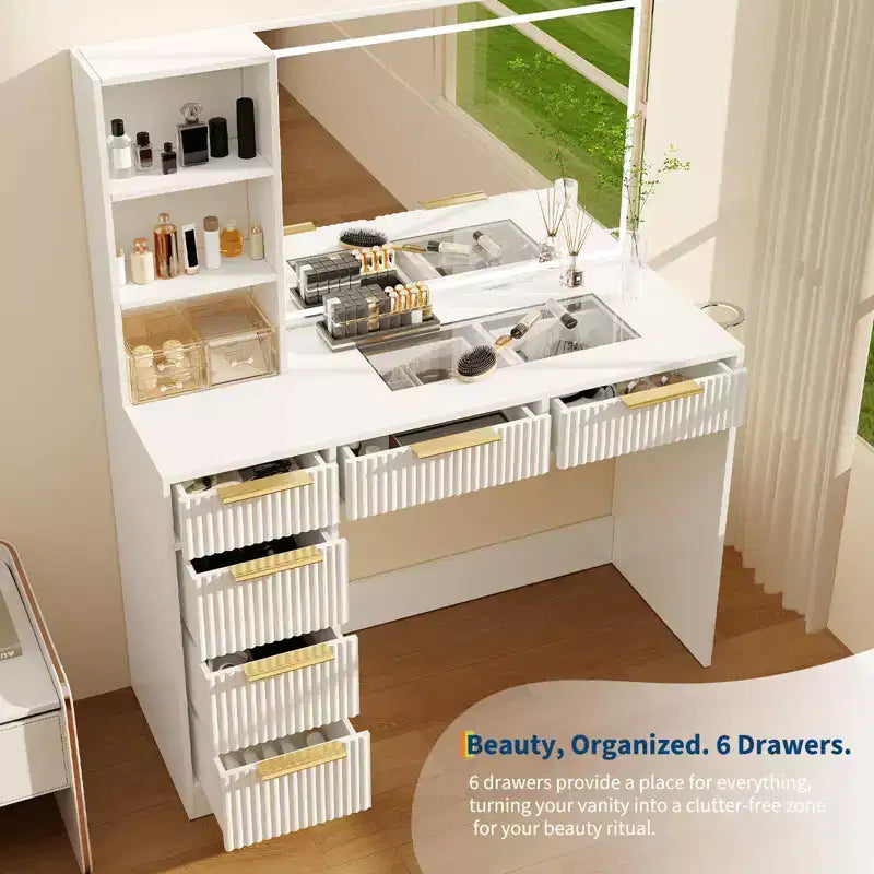 Large Fluted Vanity Desk w/ Lighted Mirror, Modern Makeup Vanity Table w/ 6 Storage Drawers & Hair Dryer Holder for Women Bedroom Dressing