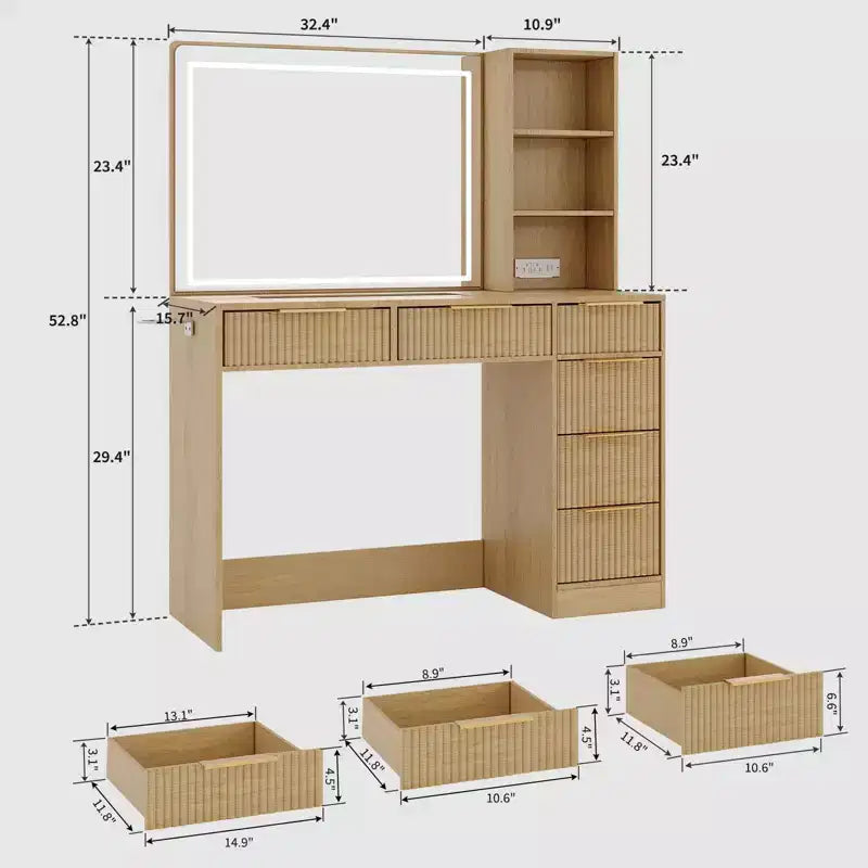 Large Fluted Vanity Desk w/ Lighted Mirror, Modern Makeup Vanity Table w/ 6 Storage Drawers & Hair Dryer Holder for Women Bedroom Dressing