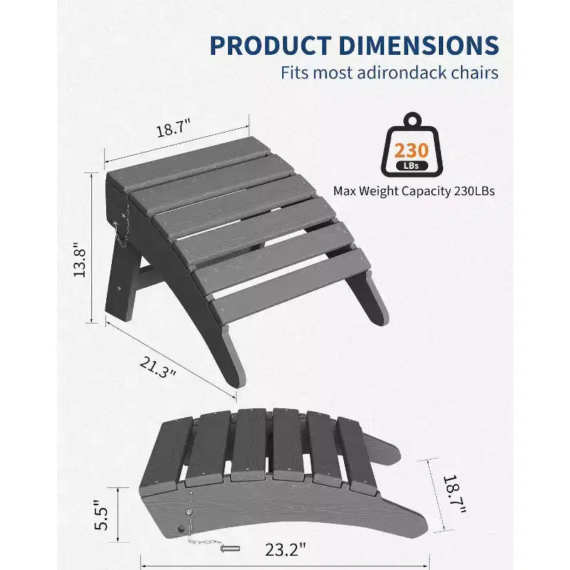 Folding Adirondack Ottoman, HDPE All Weather Outdoor Footstool, Adirondack Footrest for Porch, Backyard, Lawn, Only Foot Rest