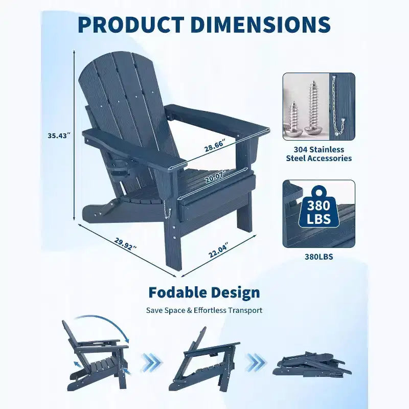 2 Pack Folding Adirondack Patio Chair,Durable HDPE,Wood Texture,All-Weather,380 lbs Capacity-Comfortable Outdoor Seat for Deck,Pool,Fire Pit,Backyard