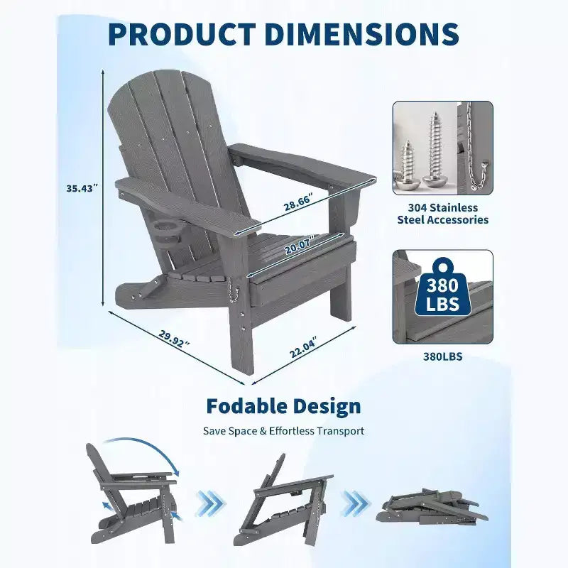 2 Pack Folding Adirondack Patio Chair,Durable HDPE,Wood Texture,All-Weather,380 lbs Capacity-Comfortable Outdoor Seat for Deck,Pool,Fire Pit,Backyard